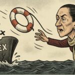 Caricatura de Claudia Sheinbaum arrojando un salvavidas a un buque de Pemex en aguas revueltas