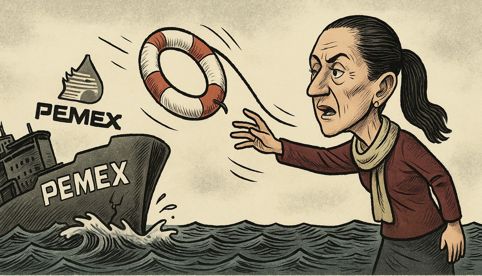 Caricatura de Claudia Sheinbaum arrojando un salvavidas a un buque de Pemex en aguas revueltas