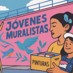 Jóvenes pintando un mural de gran formato con retratos y aves sobre fondo rosa, como parte de la Jornada Nacional de Murales por la Paz en México.