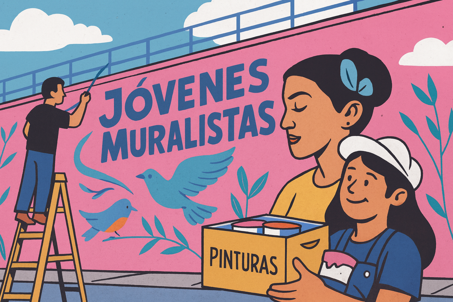 Jóvenes pintando un mural de gran formato con retratos y aves sobre fondo rosa, como parte de la Jornada Nacional de Murales por la Paz en México.