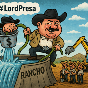 Caricatura política del exgobernador César Duarte acaparando agua con una presa privada mientras campesinos observan, con el hashtag #LordPresa en el cielo.