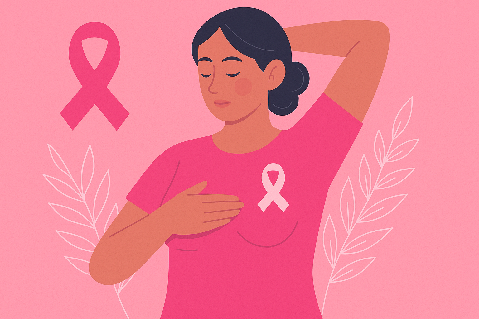 Ilustración de una mujer realizando una autoexploración mamaria en tonos rosados, con un fondo que incluye un mastógrafo y símbolos de salud pública en México.