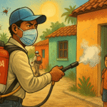 Brigadista de salud rociando insecticida en vivienda rural como parte de la campaña nacional contra el dengue
