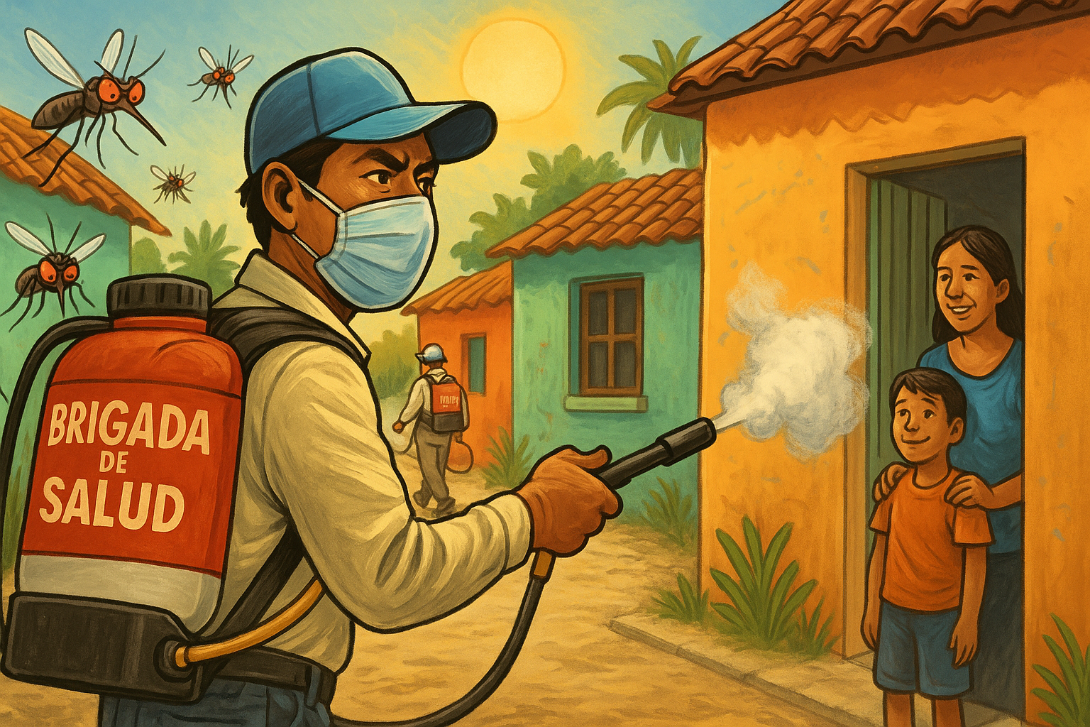 Brigadista de salud rociando insecticida en vivienda rural como parte de la campaña nacional contra el dengue