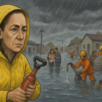 Brigadista con bomba destapacaños trabaja en zona inundada tras lluvias históricas en Nezahualcóyotl