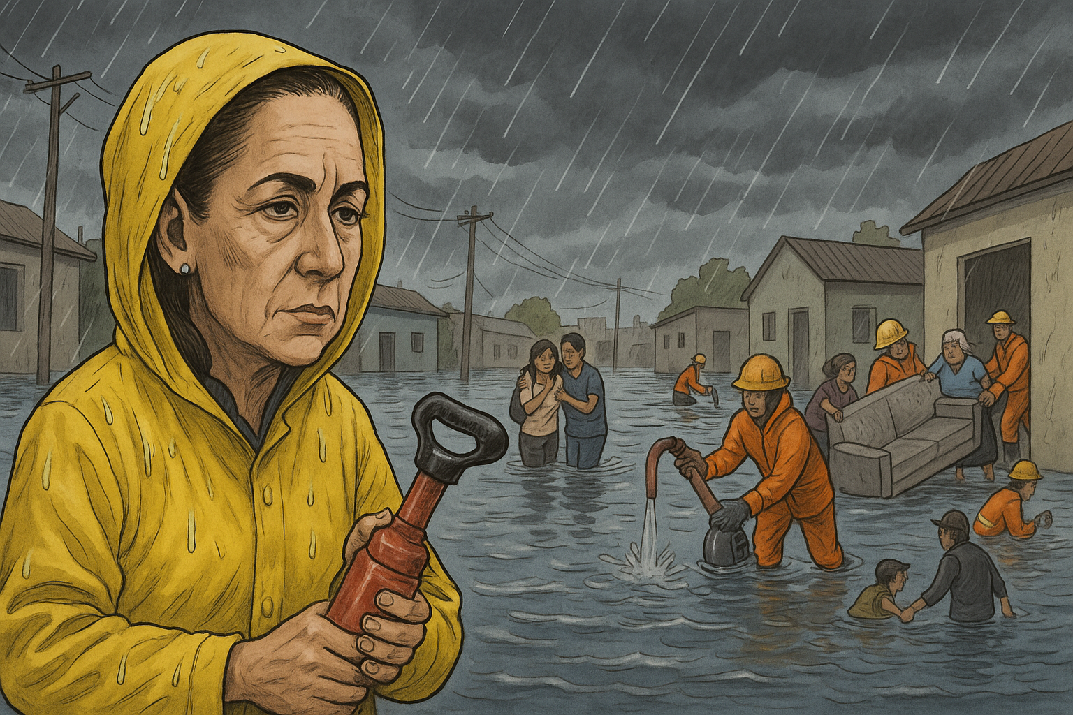 Brigadista con bomba destapacaños trabaja en zona inundada tras lluvias históricas en Nezahualcóyotl