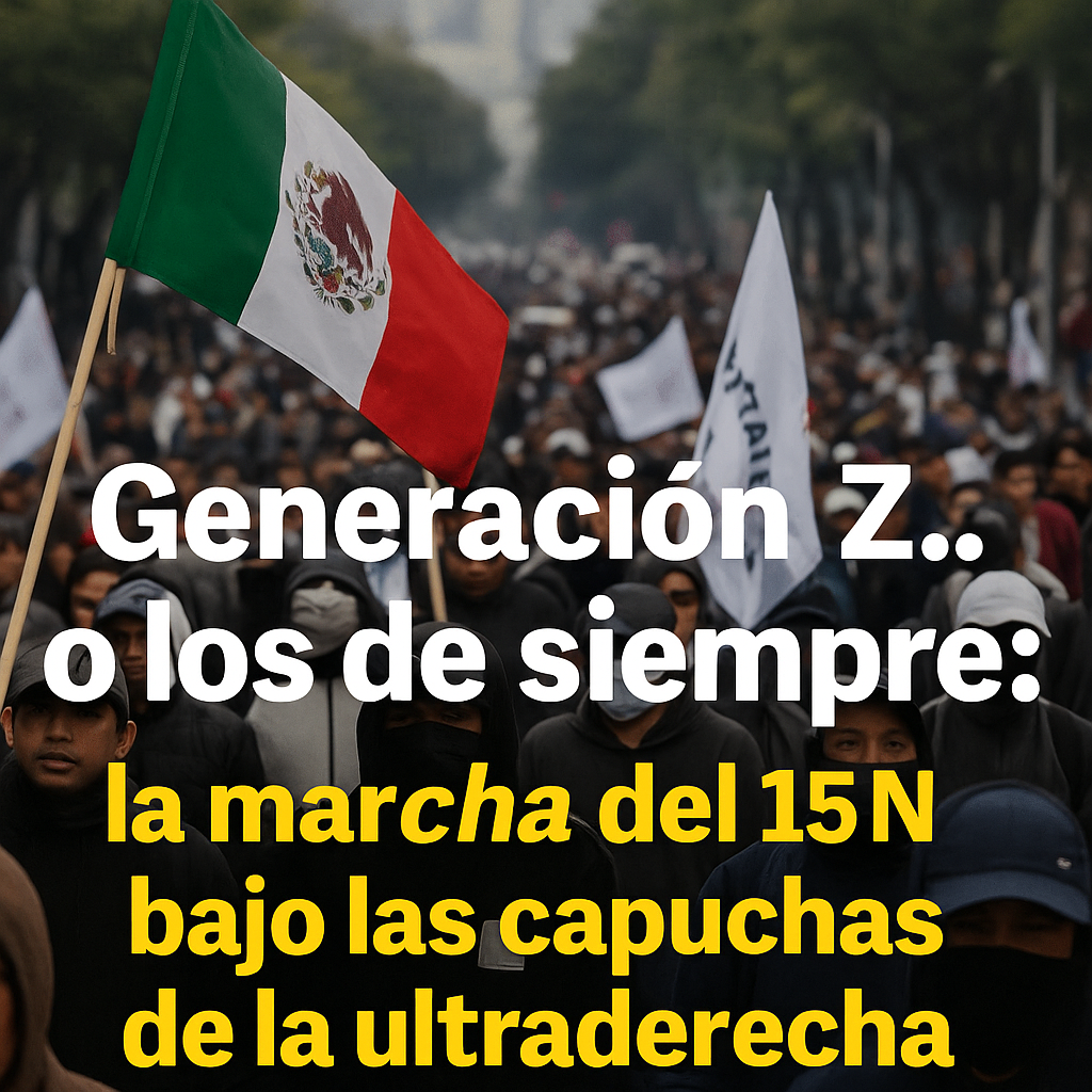 Manifestantes durante la marcha del 15 de noviembre en CDMX, ondeando banderas y portando símbolos pop, en una movilización marcada por la narrativa digital de la ultraderecha.