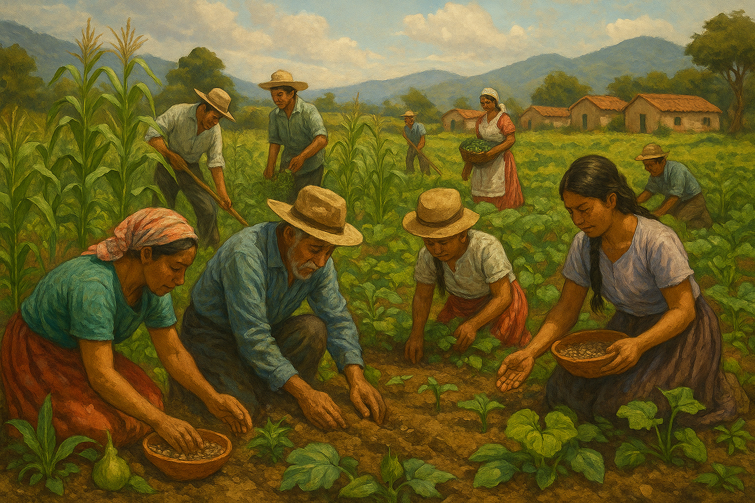Jóvenes y mujeres trabajando en una comunidad milpera, sembrando maíz y calabaza en un paisaje rural mexicano.