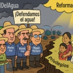Ilustración estilo caricatura política de un grupo de agroempresarios panistas disfrazados de campesinos, bloqueando una carretera con tractores y pancartas, mientras detrás de ellos se apilan cajas marcadas con el texto “Concesiones de agua”. Al fondo, se observa el rostro de Vicente Fox. En primer plano, un campesino real observa con desconcierto.