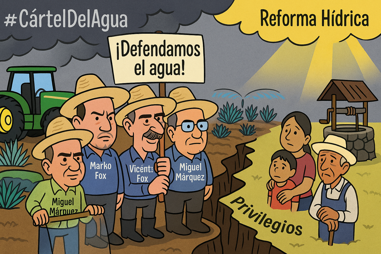 Ilustración estilo caricatura política de un grupo de agroempresarios panistas disfrazados de campesinos, bloqueando una carretera con tractores y pancartas, mientras detrás de ellos se apilan cajas marcadas con el texto “Concesiones de agua”. Al fondo, se observa el rostro de Vicente Fox. En primer plano, un campesino real observa con desconcierto.