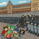 “Policías formados frente a una valla resisten ataques de encapuchados en la marcha del 15N; al fondo, jóvenes Generación Z vestidos de cosplay con banderas de One Piece se mantienen apartados en el Zócalo”