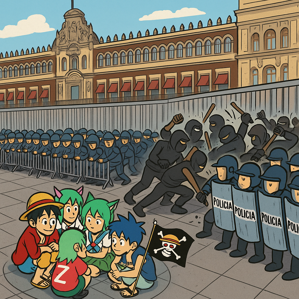 “Policías formados frente a una valla resisten ataques de encapuchados en la marcha del 15N; al fondo, jóvenes Generación Z vestidos de cosplay con banderas de One Piece se mantienen apartados en el Zócalo”