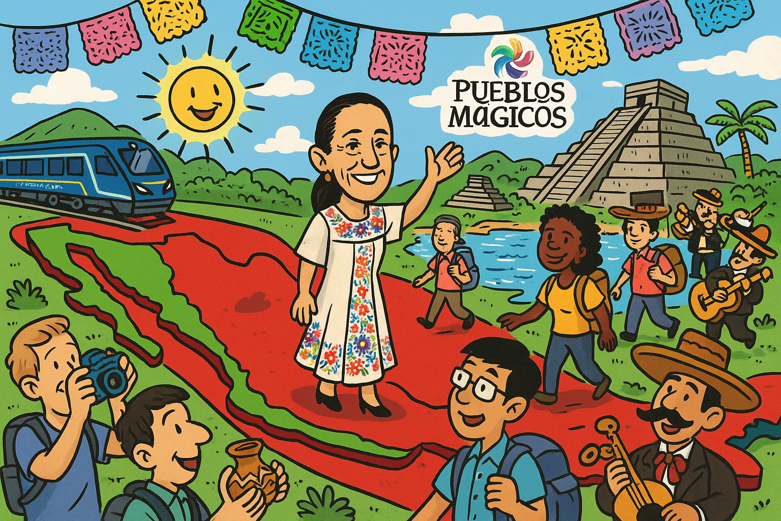 Turistas internacionales y nacionales disfrutando de la riqueza natural y cultural de México, con el Tren Maya de fondo como símbolo del auge turístico