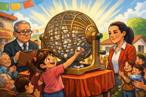 Presidenta Claudia Sheinbaum observa una tómbola mientras se sortean viviendas en un evento público de la Conavi, simbolizando justicia social y acceso a la vivienda digna.