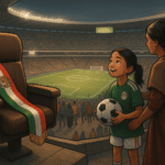 Imagen en estilo caricatura política que representa una semana cargada de simbolismos: la presidenta Sheinbaum regalando su entrada al Mundial 2026 a una niña futbolera, en un gesto congruente con los principios de la 4T;