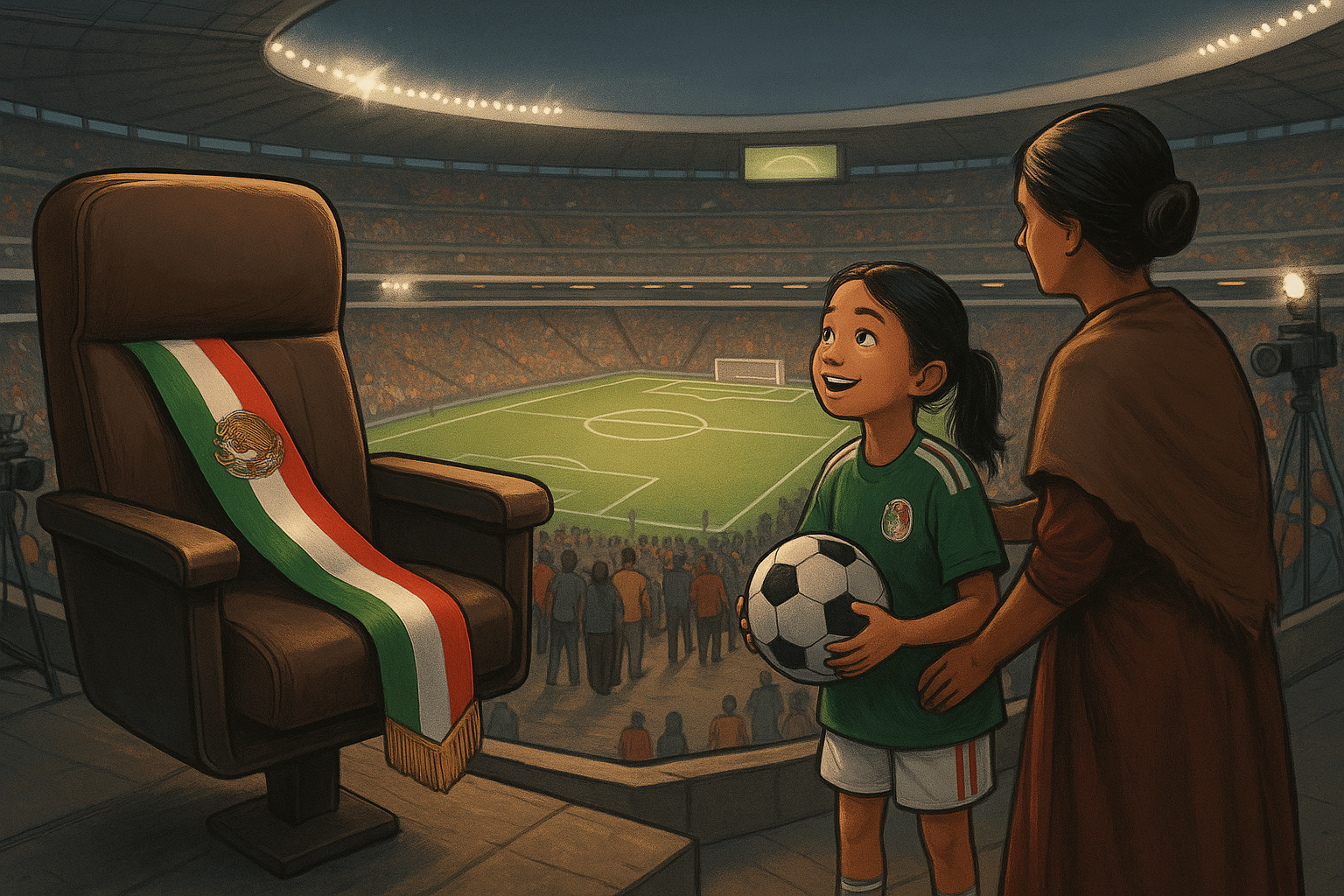 Imagen en estilo caricatura política que representa una semana cargada de simbolismos: la presidenta Sheinbaum regalando su entrada al Mundial 2026 a una niña futbolera, en un gesto congruente con los principios de la 4T;