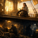 Ilustración de un barco político con una capitana en la cubierta iluminada y figuras en las bodegas oscuras, metáfora del poder y la transparencia en la 4T.