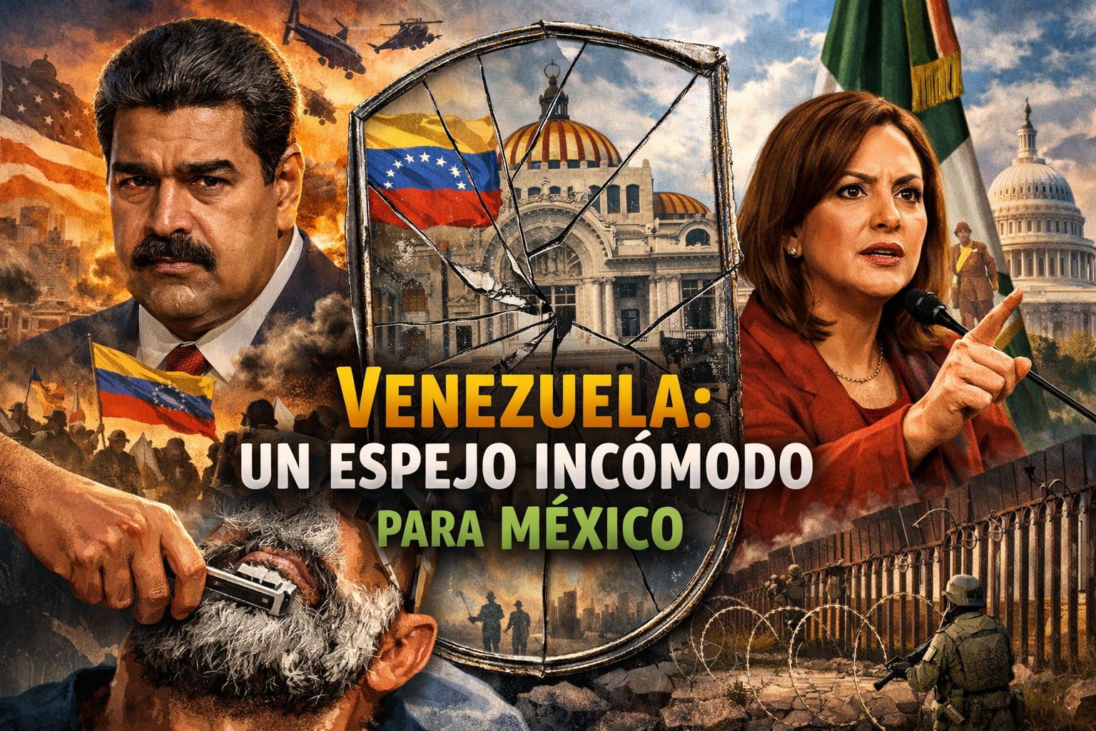 Ilustración política que muestra a Venezuela como un espejo de advertencia para México, con símbolos de soberanía, intervención extranjera y tensión geopolítica entre América Latina y Estados Unidos
