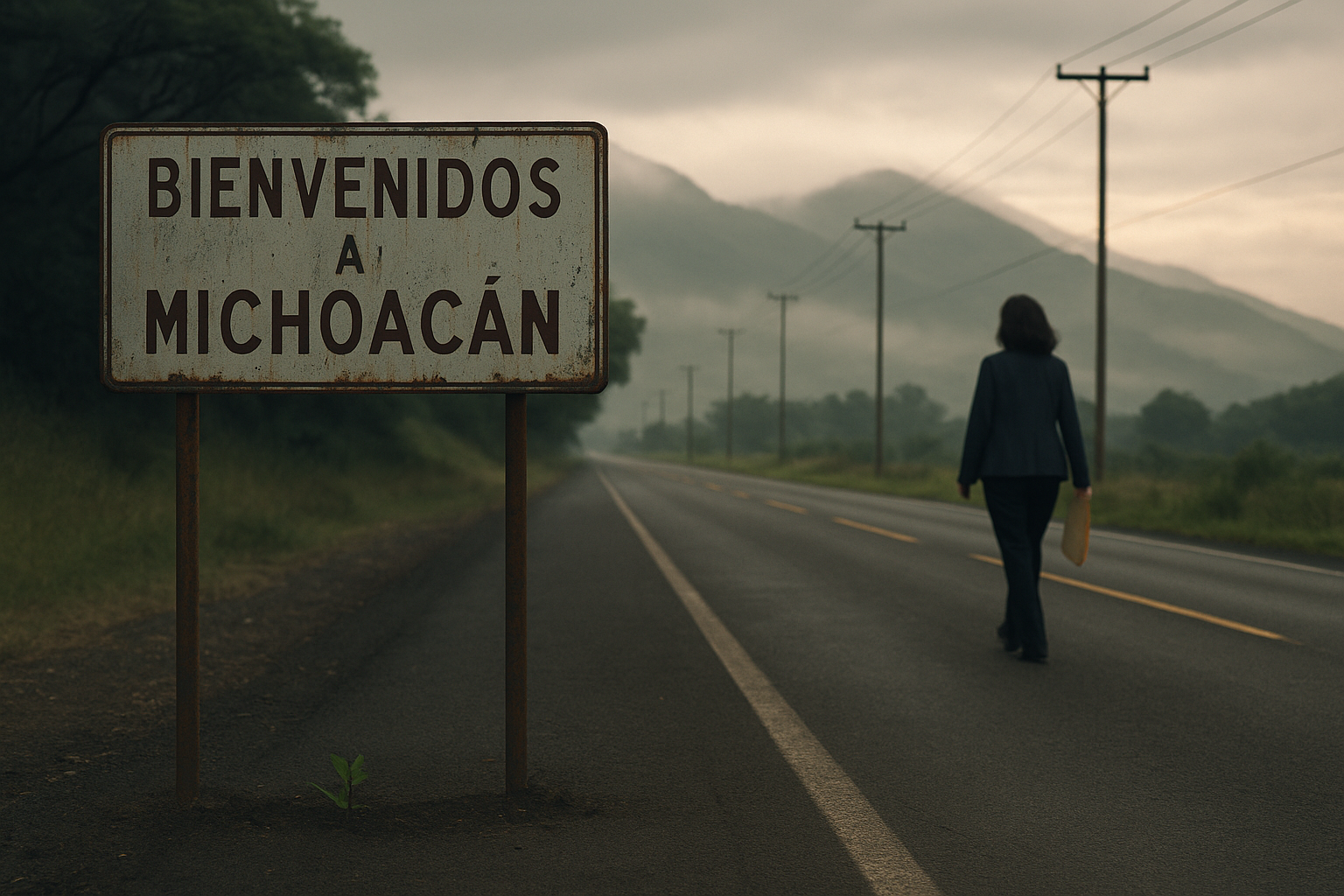 Señal oxidada de “Bienvenidos a Michoacán” al borde de una carretera solitaria con montañas al fondo y una mujer caminando hacia el horizonte.