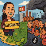 Claudia Sheinbaum levantando la mano con el puño cerrado frente al Palacio Nacional, con fondo de celebración y símbolos de bienestar social, al cumplirse 7 años de la Cuarta