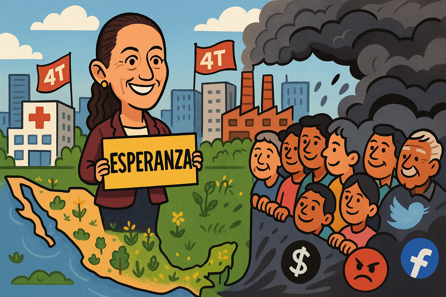 Claudia Sheinbaum levantando la mano con el puño cerrado frente al Palacio Nacional, con fondo de celebración y símbolos de bienestar social, al cumplirse 7 años de la Cuarta