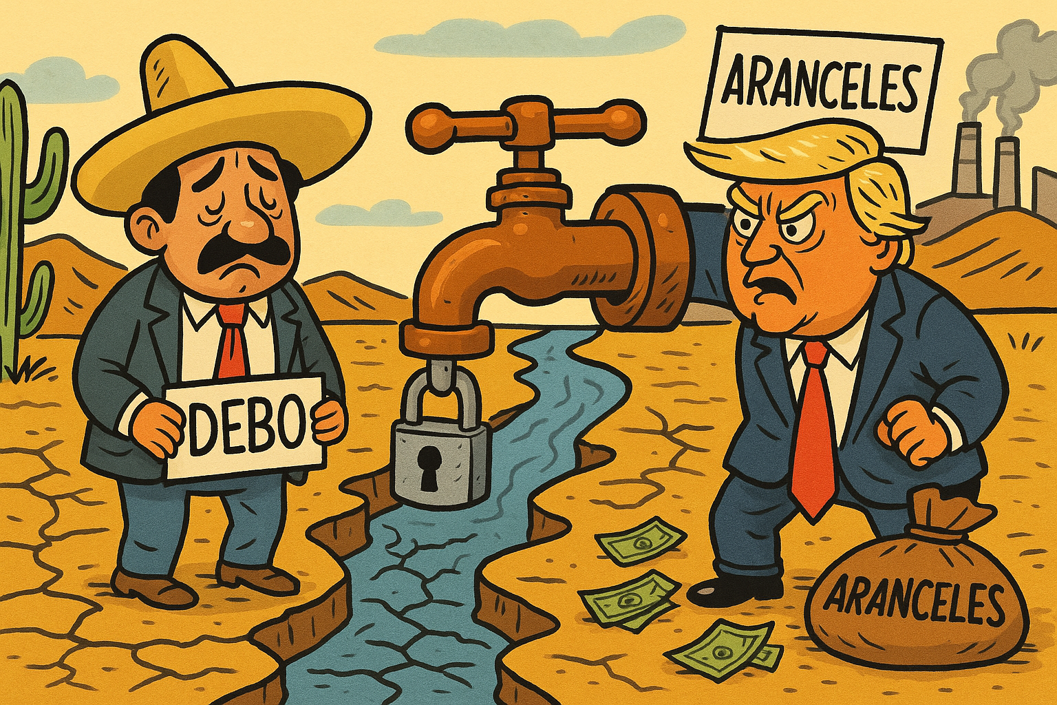 Caricatura política sobre la deuda de agua de México con Estados Unidos y la amenaza de aranceles de Trump