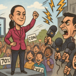 Caricatura política de Claudia Sheinbaum enfrentando críticas mediáticas simbolizadas como rayos y centellas en un entorno estilo cómic