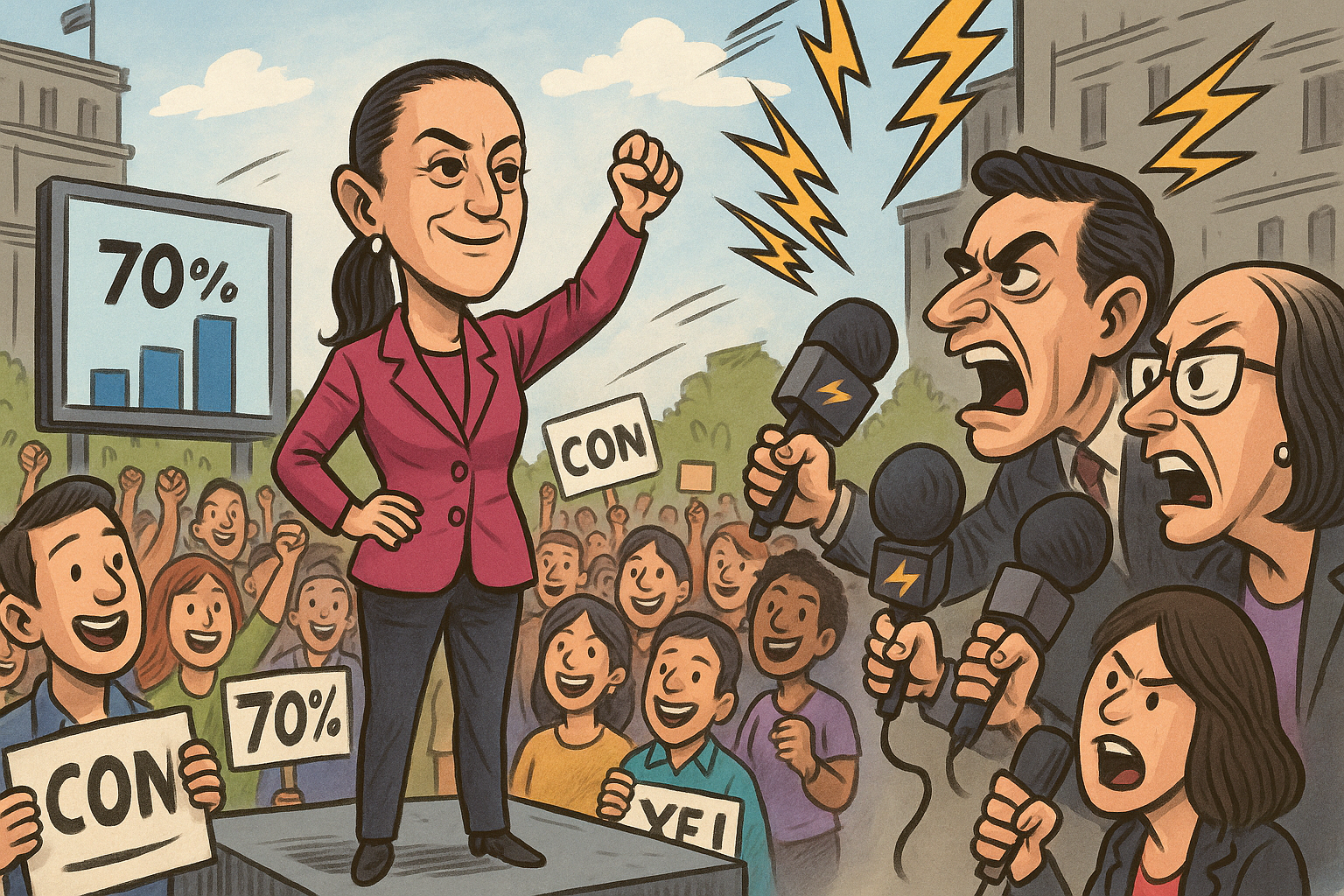 Caricatura política de Claudia Sheinbaum enfrentando críticas mediáticas simbolizadas como rayos y centellas en un entorno estilo cómic