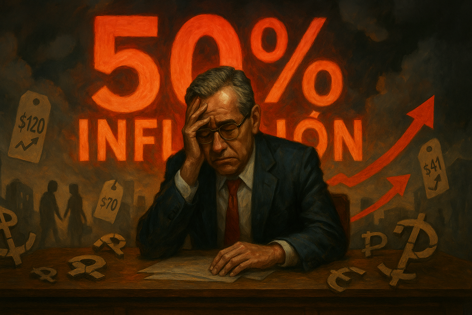 Ilustración editorial de Ernesto Zedillo abatido por la inflación del 50% durante la crisis económica de 1995 en México