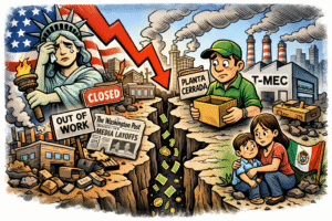 Caricatura editorial sobre la crisis económica en Estados Unidos, con quiebras empresariales, despidos y su impacto en trabajadores mexicanos.