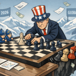 Caricatura política del Foro de Davos 2026 que representa el orden económico mundial como un tablero de ajedrez, con Estados Unidos dominando las decisiones y Europa y Canadá en posición defensiva.