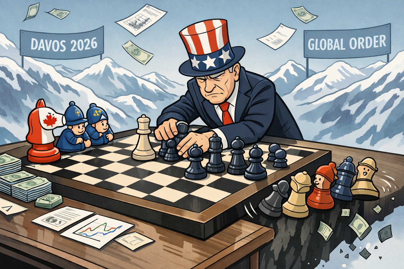 Caricatura política del Foro de Davos 2026 que representa el orden económico mundial como un tablero de ajedrez, con Estados Unidos dominando las decisiones y Europa y Canadá en posición defensiva.