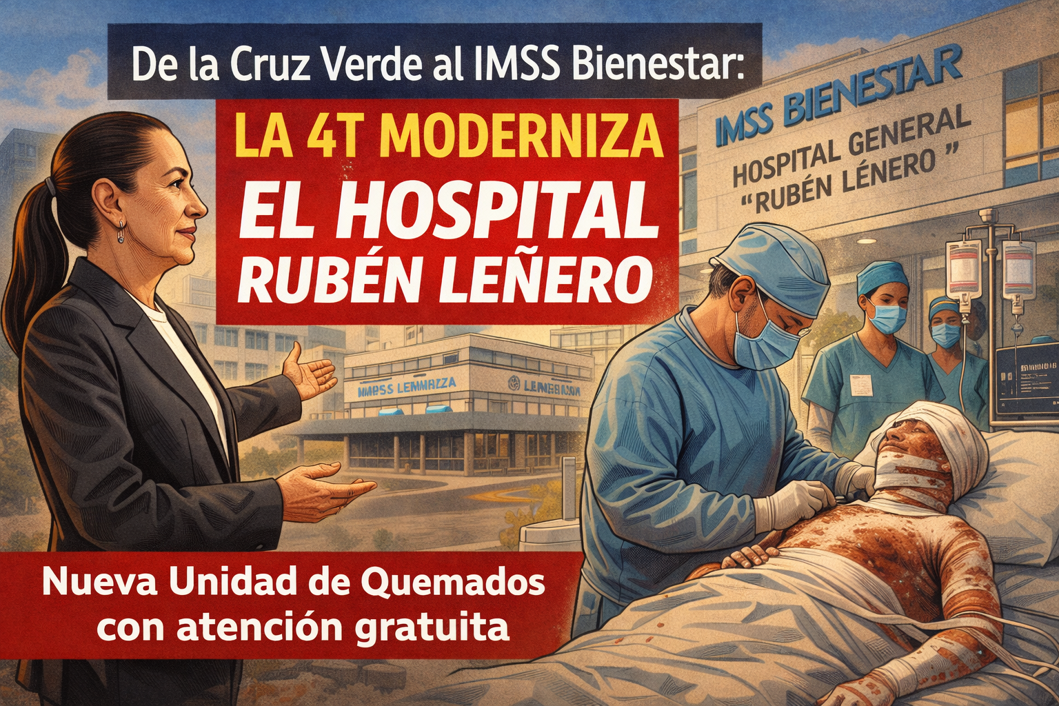 Caricatura política de Claudia Sheinbaum durante la inauguración de la nueva Unidad de Quemados del Hospital Rubén Leñero del IMSS Bienestar en la Ciudad de México.