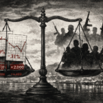 Ilustración editorial en blanco y negro con balanza que contrasta reducción de homicidios y presencia armada en Sinaloa