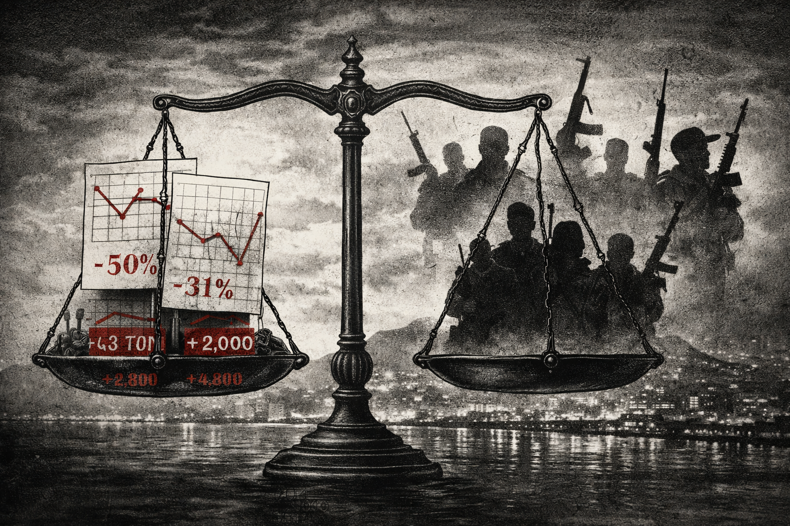 Ilustración editorial en blanco y negro con balanza que contrasta reducción de homicidios y presencia armada en Sinaloa