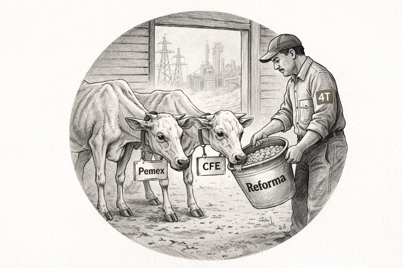 Ilustración editorial en blanco y negro de dos vacas etiquetadas como Pemex y CFE siendo alimentadas por un granjero con parche 4T y una cubeta que dice Reforma, metáfora de la reforma energética en México.