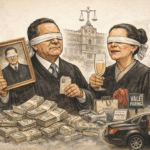 Caricatura editorial conceptual de ministros de la Suprema Corte rodeados de lujos y privilegios pagados con dinero público.