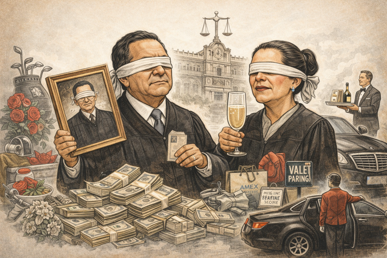 Caricatura editorial conceptual de ministros de la Suprema Corte rodeados de lujos y privilegios pagados con dinero público.