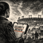 Ilustración editorial sobre revisión de seguridad en México rumbo al Mundial 2026 con estadio bajo supervisión internacional