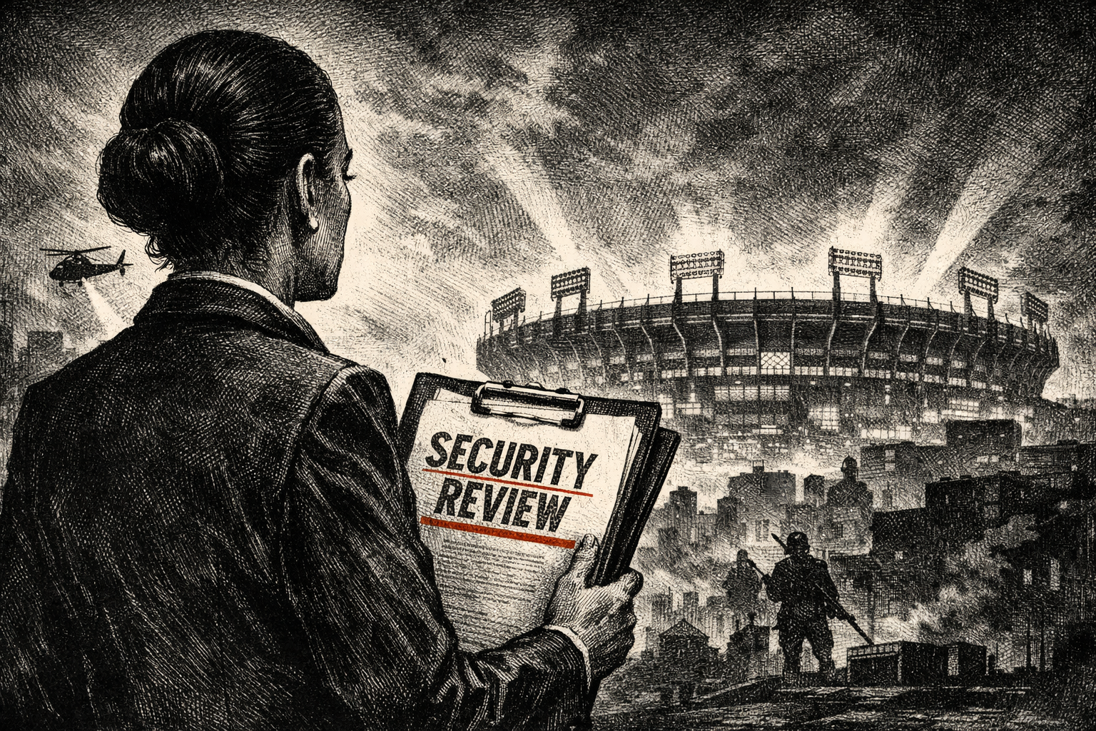 Ilustración editorial sobre revisión de seguridad en México rumbo al Mundial 2026 con estadio bajo supervisión internacional