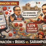 Caricatura política sobre el brote de sarampión en México, la estrategia de vacunación y la desinformación viral en redes sociales.