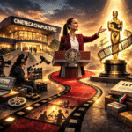 Caricatura editorial de Claudia Sheinbaum sobre una alfombra roja convertida en celuloide frente a la Cineteca Chapultepec, simbolizando el impulso al cine mexicano.