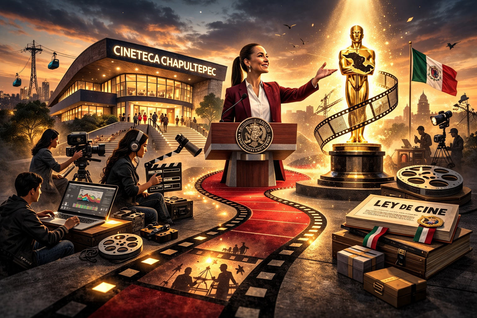 Caricatura editorial de Claudia Sheinbaum sobre una alfombra roja convertida en celuloide frente a la Cineteca Chapultepec, simbolizando el impulso al cine mexicano.