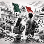 Ilustración editorial en blanco y negro de jóvenes mexicanos caminando hacia escuelas, canchas deportivas y centros comunitarios bajo la bandera de México, simbolizando educación, deporte y prevención.