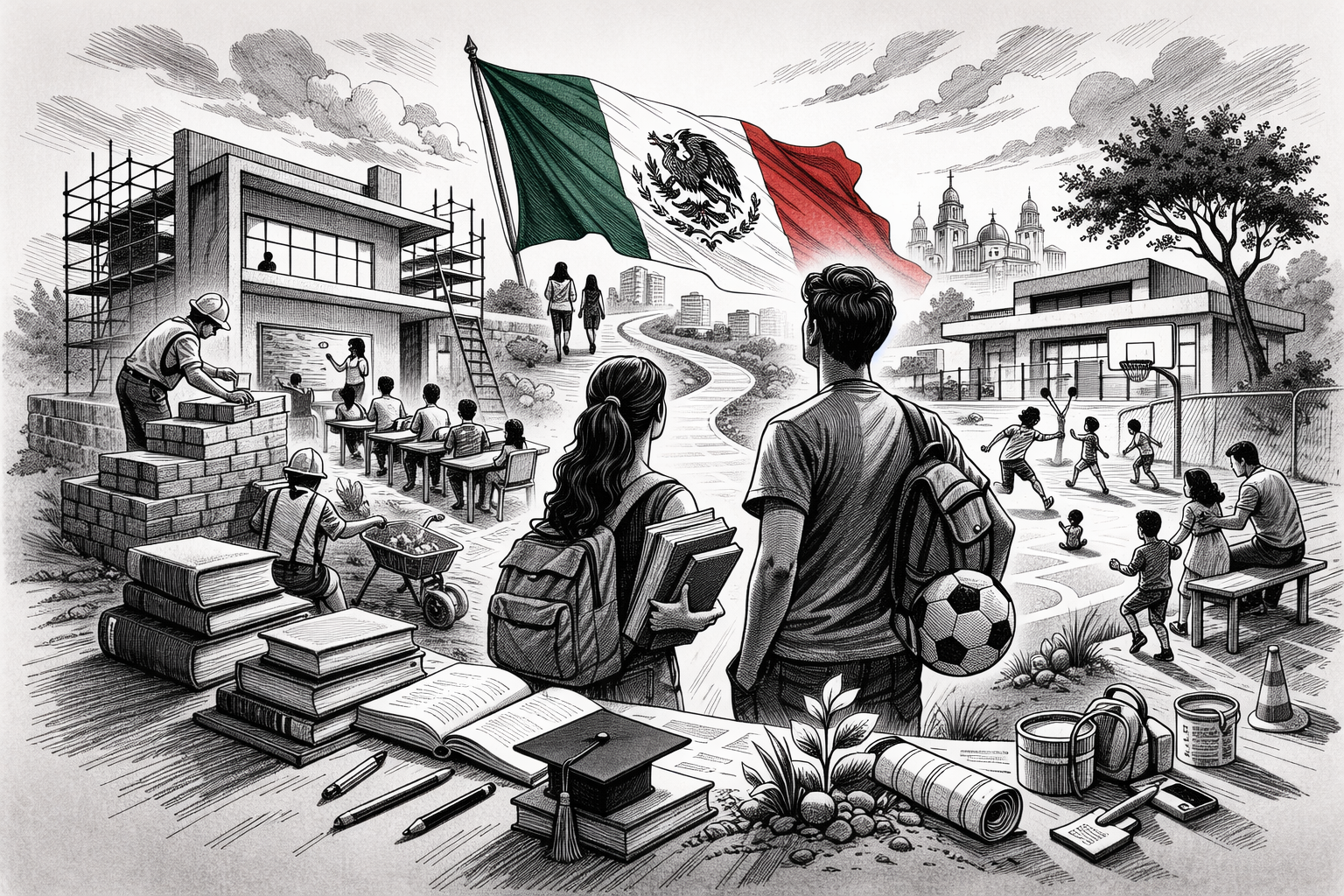 Ilustración editorial en blanco y negro de jóvenes mexicanos caminando hacia escuelas, canchas deportivas y centros comunitarios bajo la bandera de México, simbolizando educación, deporte y prevención.