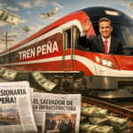 Enrique Peña Nieto saludando desde el Tren Peña, rodeado de billetes y periódicos que lo elogian