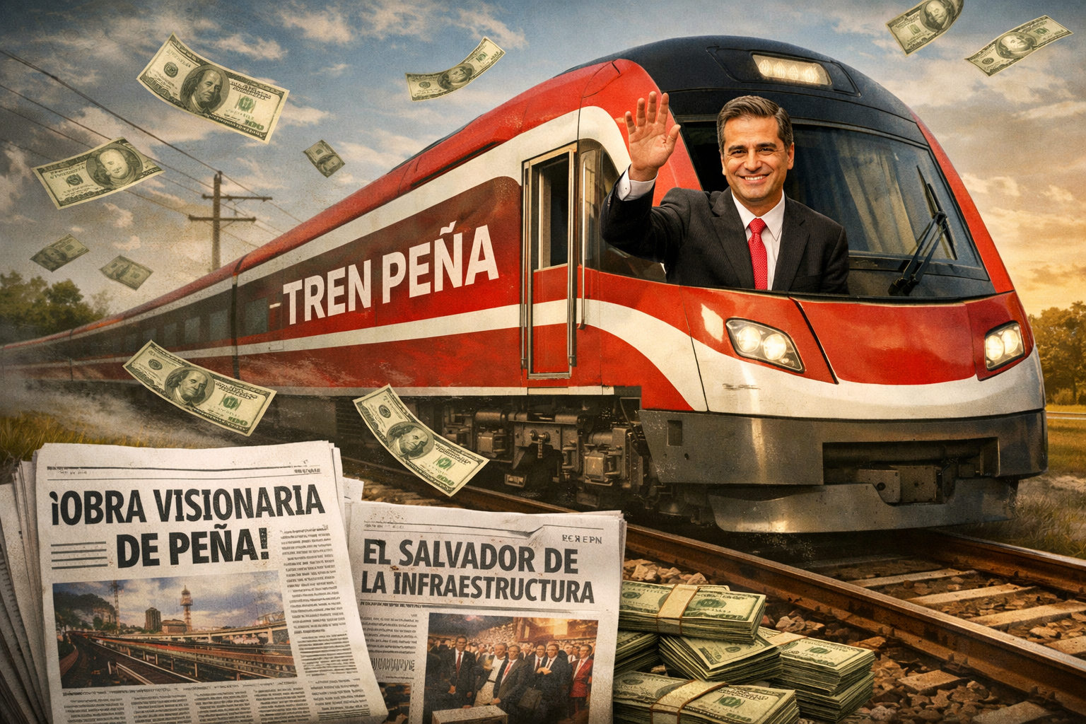 Enrique Peña Nieto saludando desde el Tren Peña, rodeado de billetes y periódicos que lo elogian