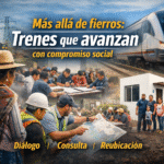 Caricatura editorial de Claudia Sheinbaum supervisando obras ferroviarias mientras dialoga con comunidades en una Mesa de Atención Social.