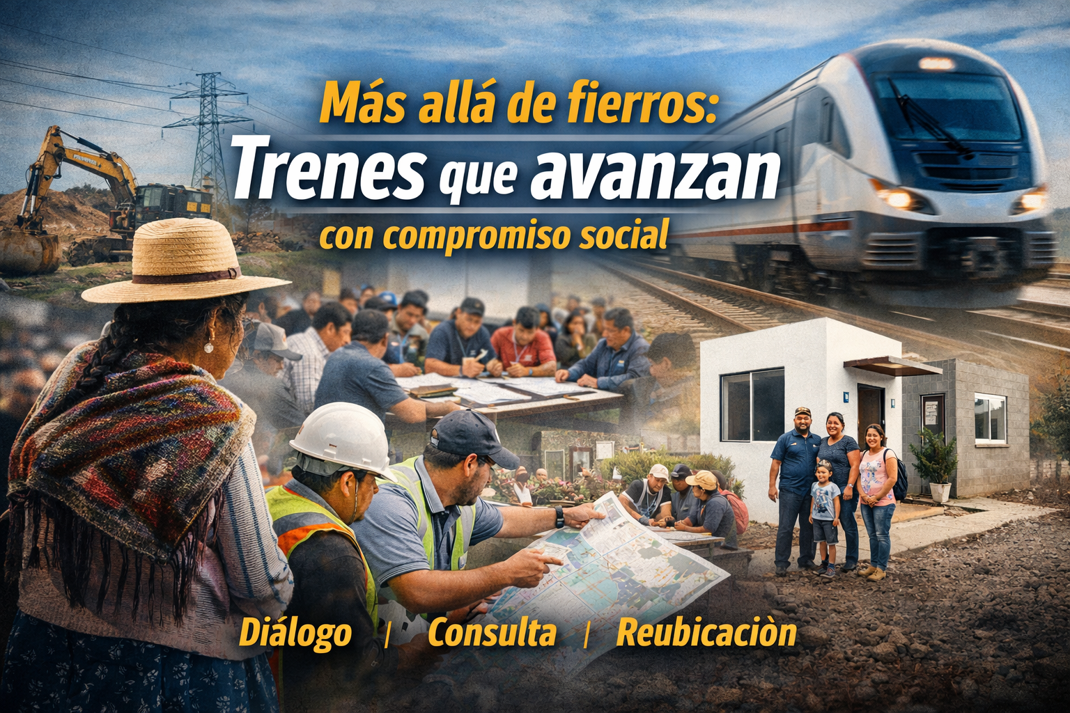 Caricatura editorial de Claudia Sheinbaum supervisando obras ferroviarias mientras dialoga con comunidades en una Mesa de Atención Social.