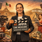 Caricatura política de Claudia Sheinbaum impulsando incentivos fiscales para el cine mexicano durante la mañanera.